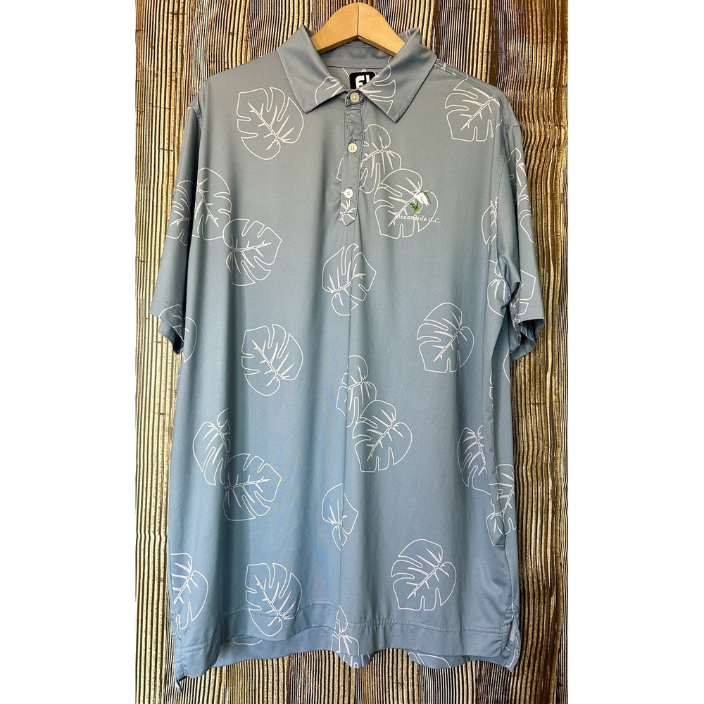 FootJoy FJ Blue Monstera All Over Print Logo Golf Shirt Mens XL Oceanside Club